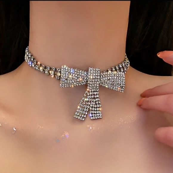 Rhinestone Bow Choker Necklace - Picture 1 of 6
